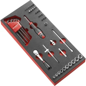 Modul mit 71/4” Steckschlüsseln, Stiftschlüsseln und Bits 6-Kant – 46-tlg. in Schaumstoffeinlage