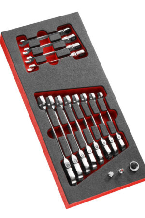 Modul mit 12 Maul- und Ringratschenschlüsseln mit Gelenk in Schaumstoffeinlage