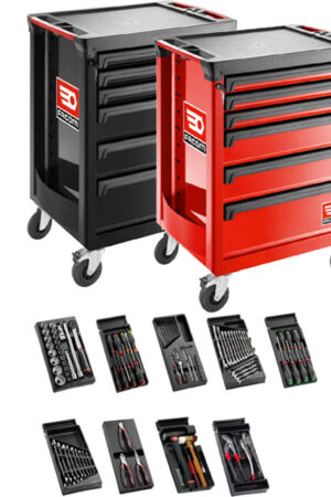 ROLL Werkstattwagen mit 6 Schubladen und 9 Modulen / 109 Werkzeugen (rot oder schwarz)