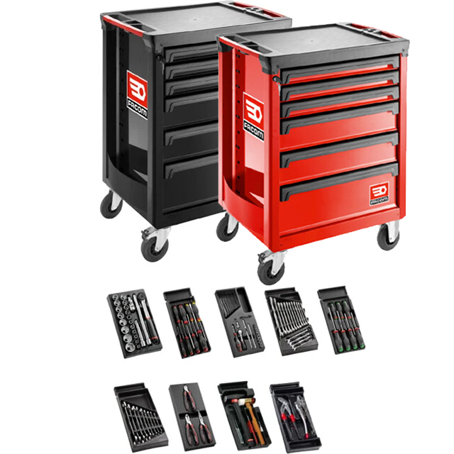 ROLL Werkstattwagen mit 6 Schubladen und 9 Modulen / 109 Werkzeugen (rot oder schwarz)